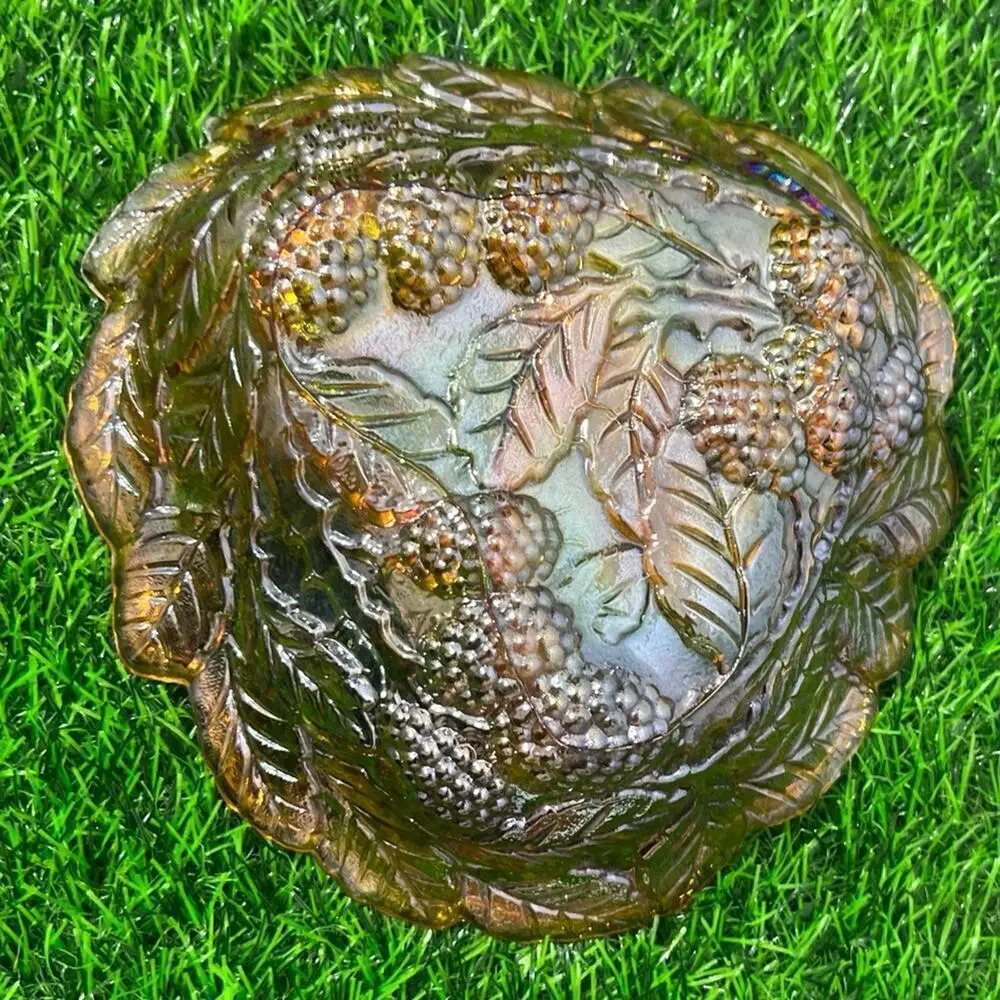 Vintage Carnival Glass Marigold Loganberry Leaf Pattern Sculpted Top Relish Dish
